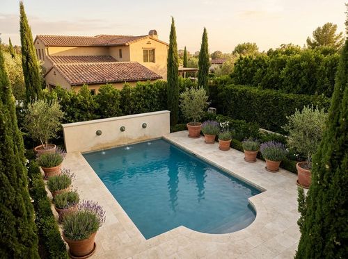 Rendering of Mediterranean-style Roman-end pool with a raised stucco back wall holding three bronze water scuppers, medium blue water, travertine deck, terracotta pots, cypress and lavender, tile-roof villa