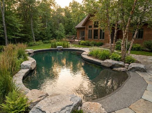 Rendering of natural-looking freeform pool with dark aggregate finish and green-black lake-like water, large boulder coping, a gentle beach entry, native grasses and river birch trees, wooded backyard, cedar house