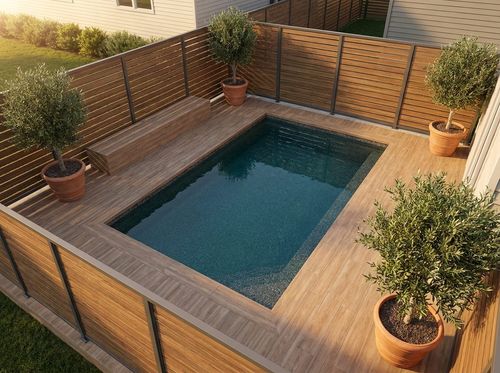 Rendering of compact 8 by 16 foot plunge pool in a small courtyard, dark pebble finish with deep blue-green water, wood-look tile deck, a built-in bench, potted olive trees, modern fence