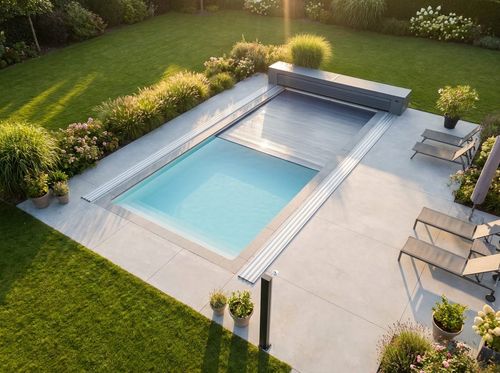 Rendering of rectangular pool with an automatic safety cover partially extended across the water from a recessed housing at one end, light blue water visible on the uncovered half, clean concrete deck, family backyard