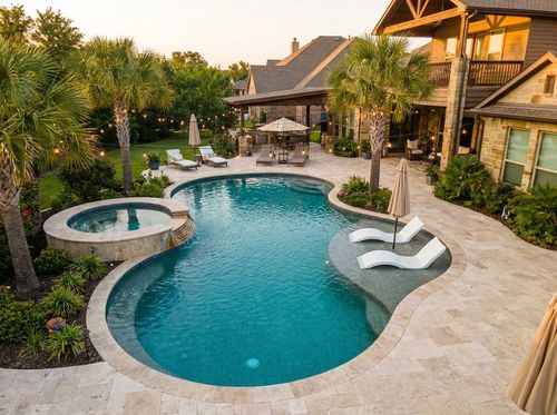 Rendering of resort-style freeform pool with a wide tanning ledge holding in-water loungers and umbrellas, an attached raised spa with a spillway, pebble finish with turquoise water, travertine deck, palm trees, string lights, warm evening glow