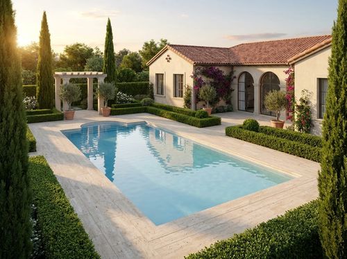 Rendering of Roman-style in-ground pool with semicircular ends, light blue water, travertine deck, clipped hedges and cypress trees, Mediterranean-style stucco house