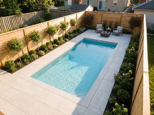 Rendering of small 12 by 24 foot rectangular in-ground pool in a narrow urban backyard, light blue water, porcelain paver deck, a compact seating area, wood privacy fence, small ornamental trees