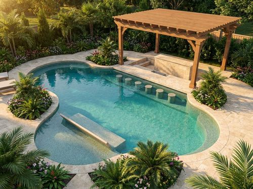 Rendering of freeform pool with a long in-water bench and a swim-up bar with submerged stools facing a deck-level counter under a pergola, pebble finish with turquoise water, travertine deck, tropical planting, evening light