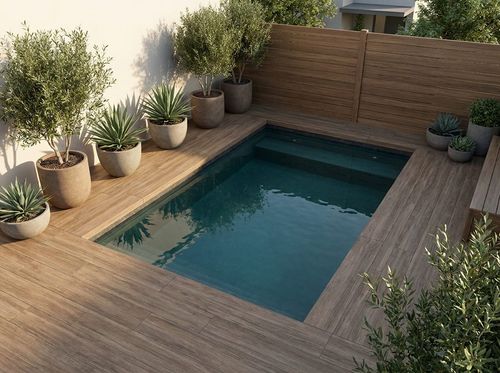Rendering of a compact plunge pool with a built-in bench in a small courtyard