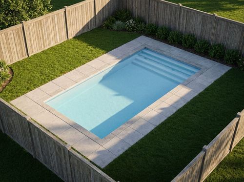 Rendering of a small 10 by 20 foot rectangular backyard pool with a compact paver deck
