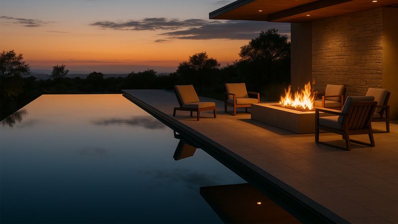 Modern backyard swimming pool at sunset