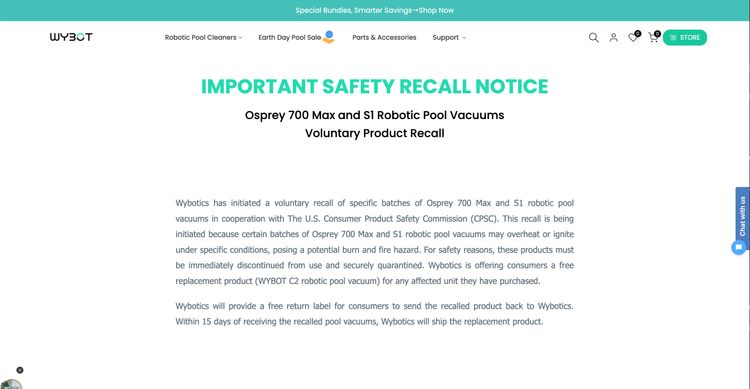 Wybot cordless pool cleaner recall notice for burn and fire hazards