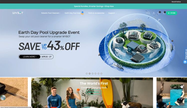 The recall notice tucked into a small banner at the top of Wybot's homepage