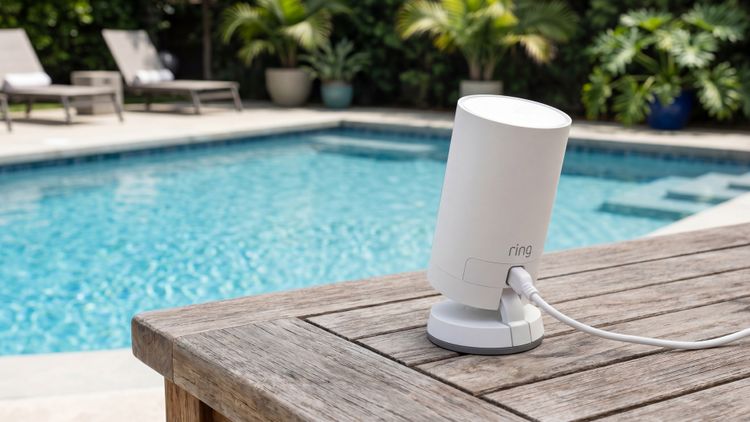An outdoor camera plus a water alarm covers the main risks for above-ground pools