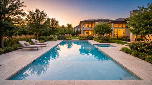 Backyard swimming pool design with an attached spa