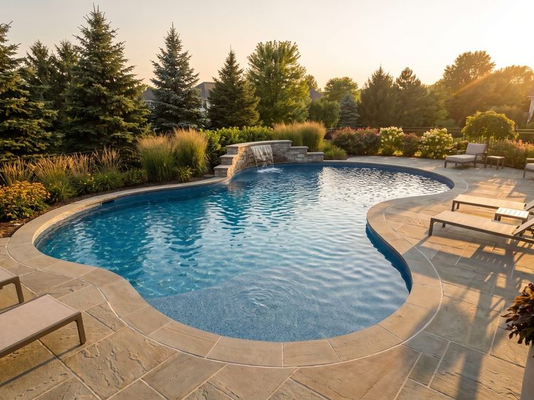 A backyard pool with a waterfall water feature