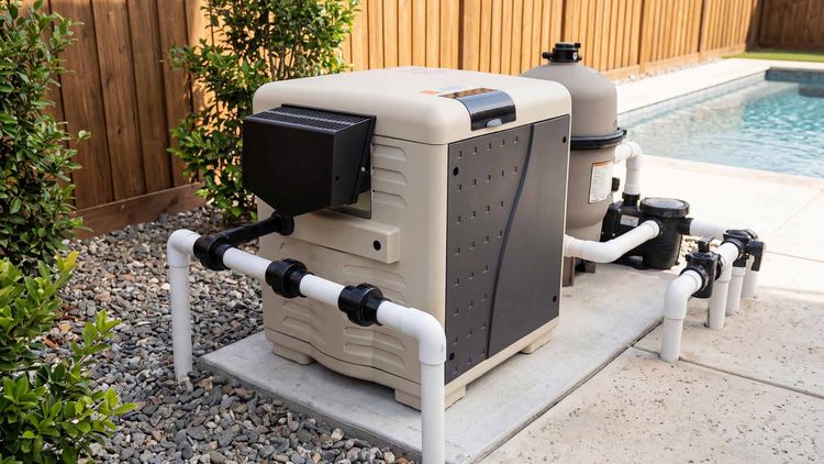 Gas pool heater connected to residential pool plumbing