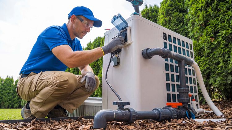 Technician working on pool heater installation