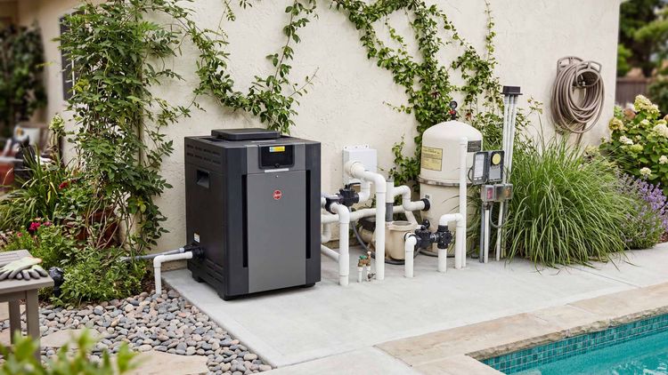 Raypak pool heater installed next to a residential pool