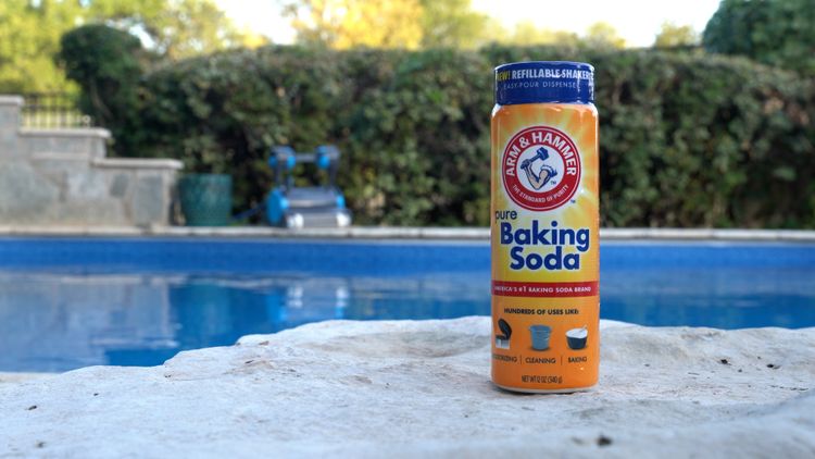 The bucket labeled Alkalinity Up contains one ingredient: sodium bicarbonate — baking soda