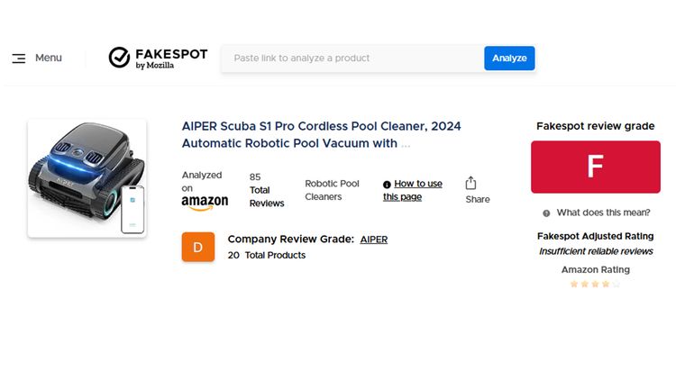 Aiper Scuba S1 Pro's F Fakespot Rating