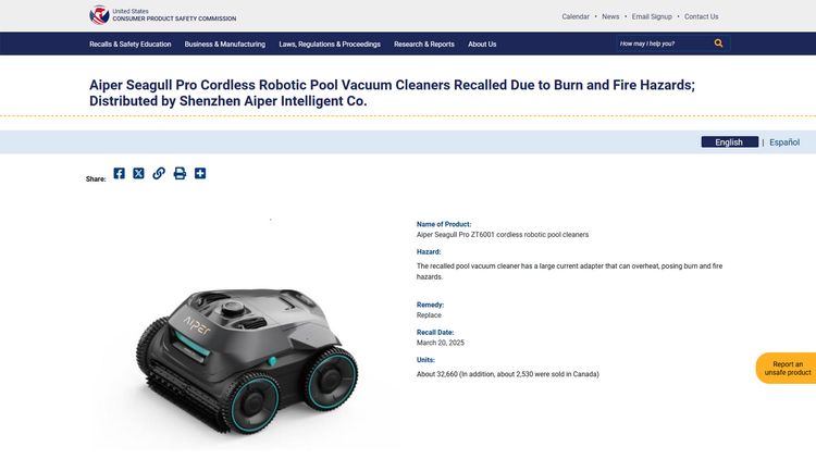 The Aiper Seagull Pro was recalled by the United States Consumer Product Safety Commission