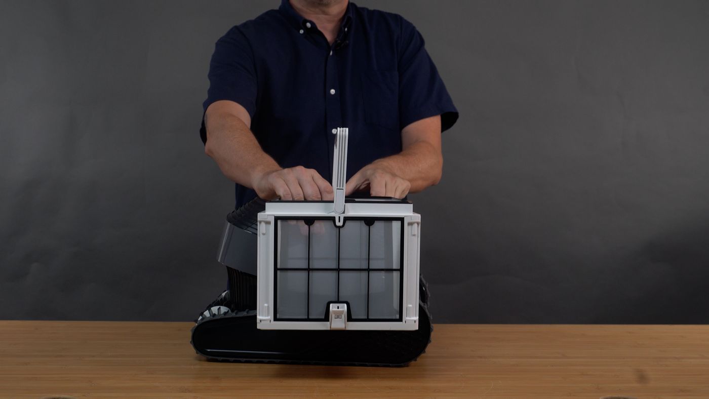 The XXL MaxBin loads from the top — no flipping the robot