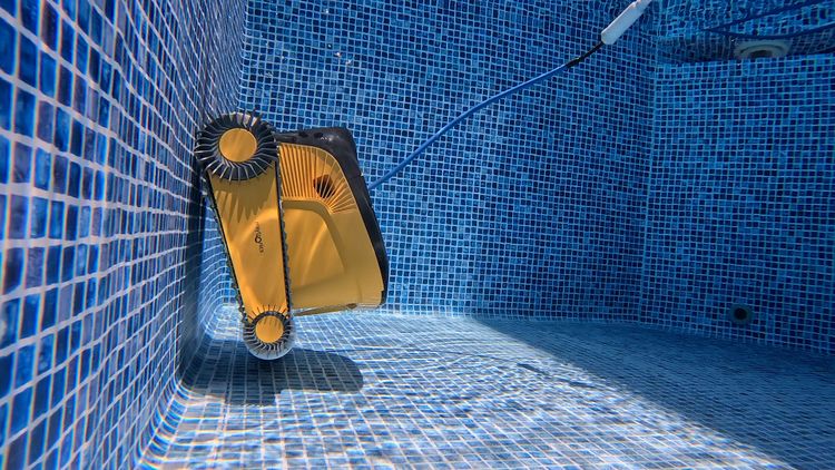 The Dolphin Wave 90i climbs and cleans pool walls but is not rated for waterline scrubbing