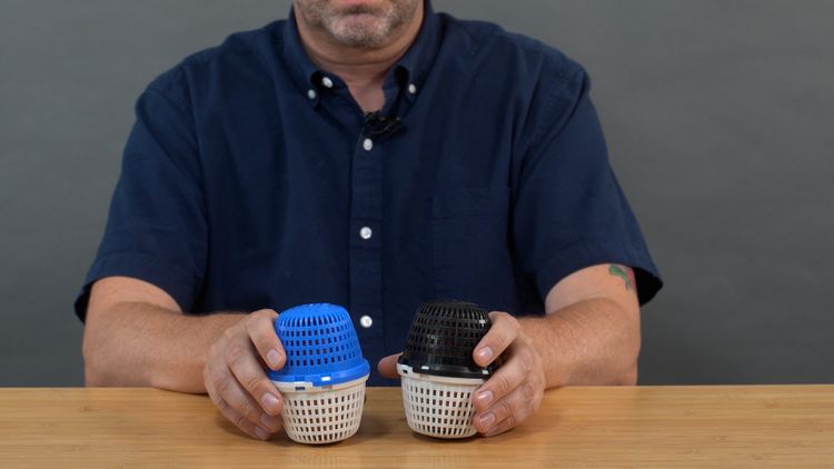 Blue+ next to Black+ — the color tells you the pool size it treats, not the chemistry inside