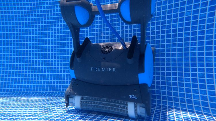 Dolphin Premier climbing a gunite pool wall — dual commercial motors handle rough plaster surfaces
