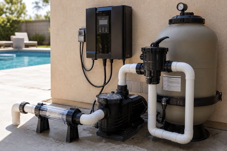 A salt chlorination system installed on a residential equipment pad