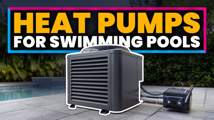 A pool heat pump installed next to a residential swimming pool